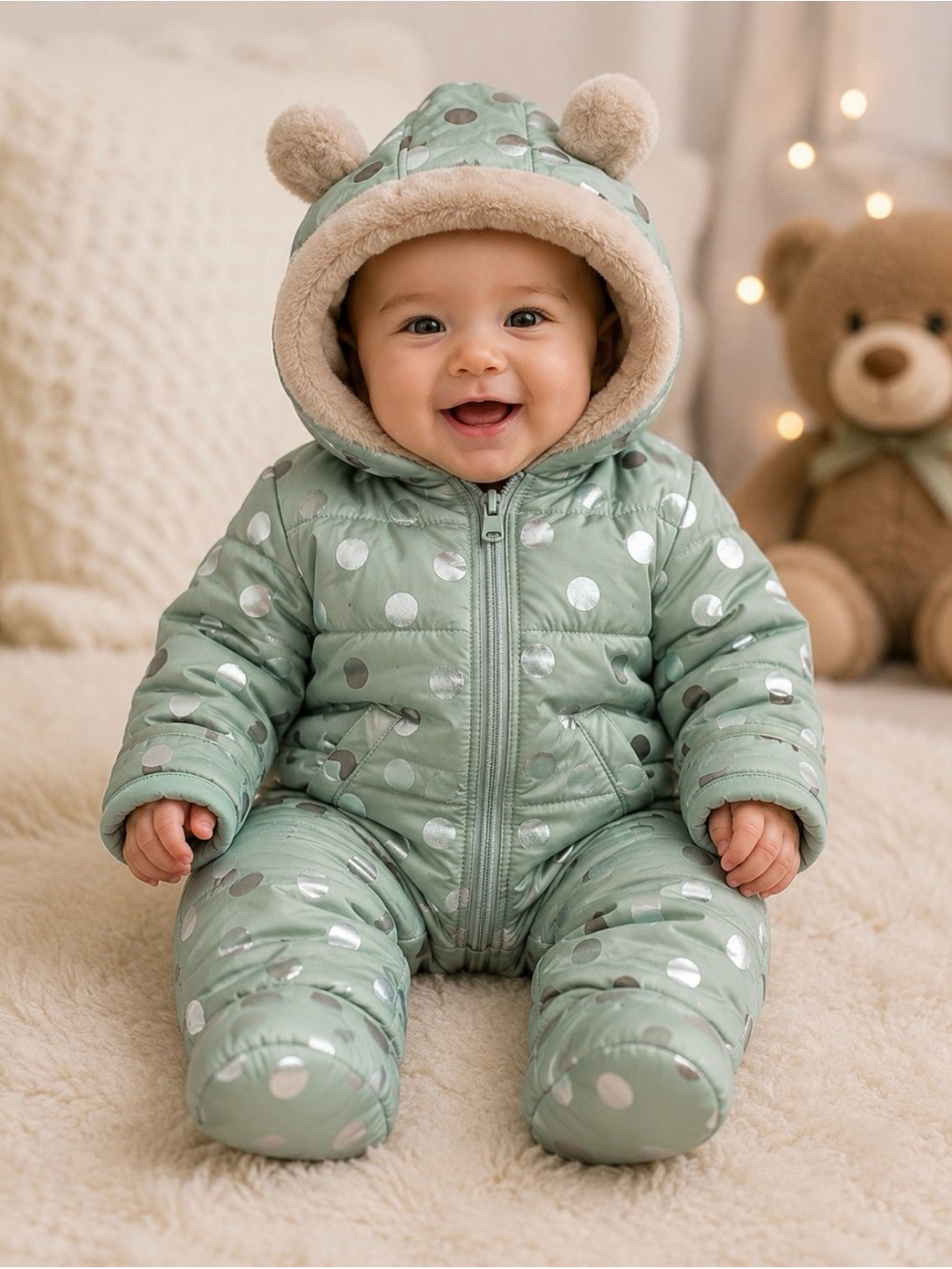 NWT Liv & Lottie Polka Dot Hooded Snowsuit Bunting with Ears